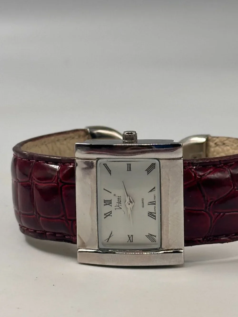 3/$30 Vivani Watch Women Silver Tone Red Patent Leather Cuff Band New Battery